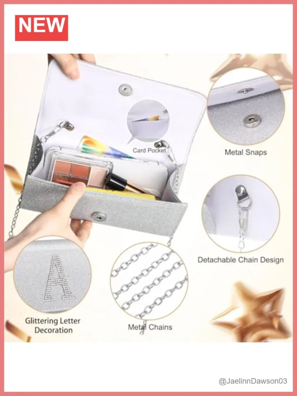 Personalized Women's Silver Glitter Clutch Purse with Chain Strap for Formal